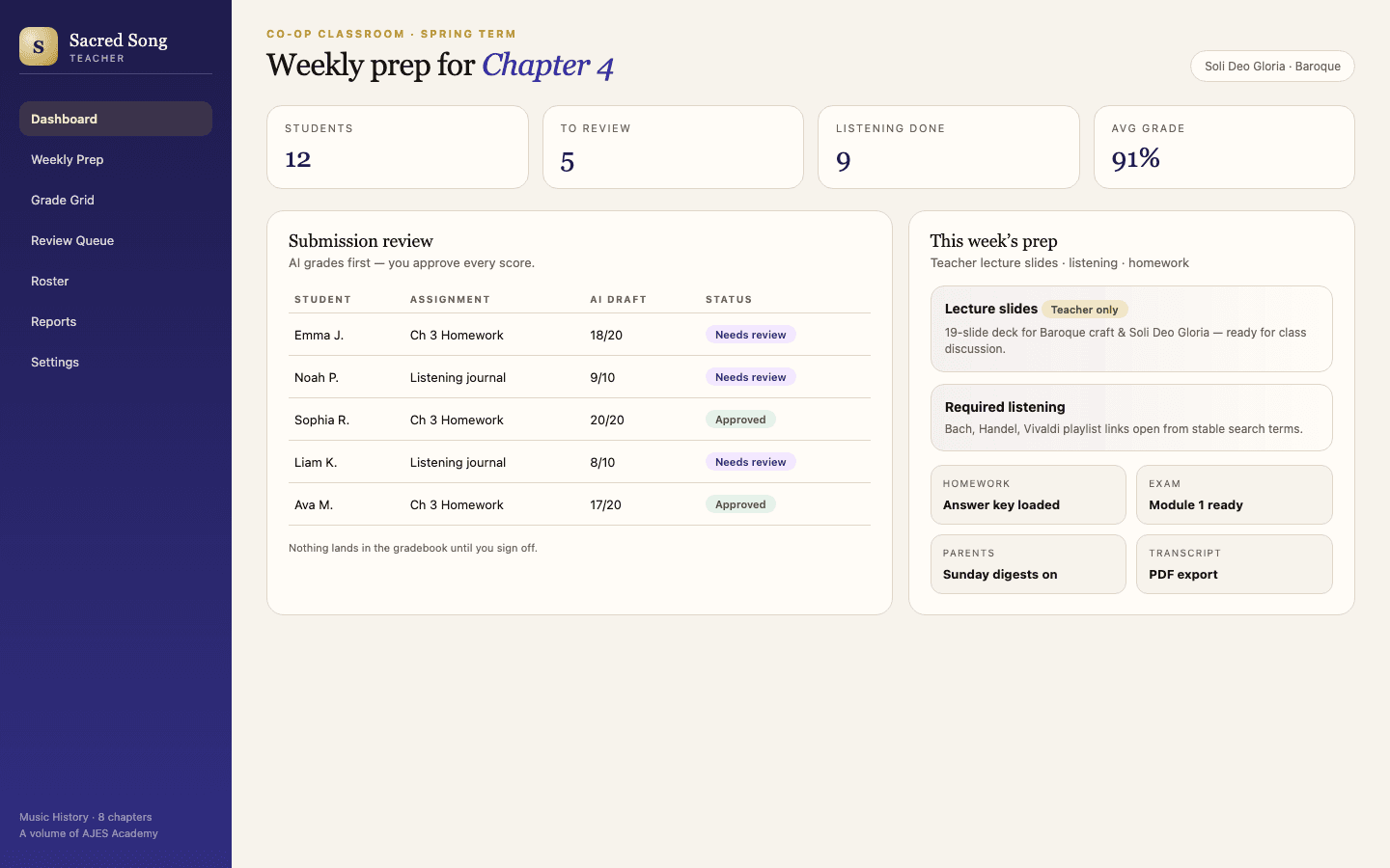 Advanced Finance teacher dashboard showing course detail, student roster, and action buttons